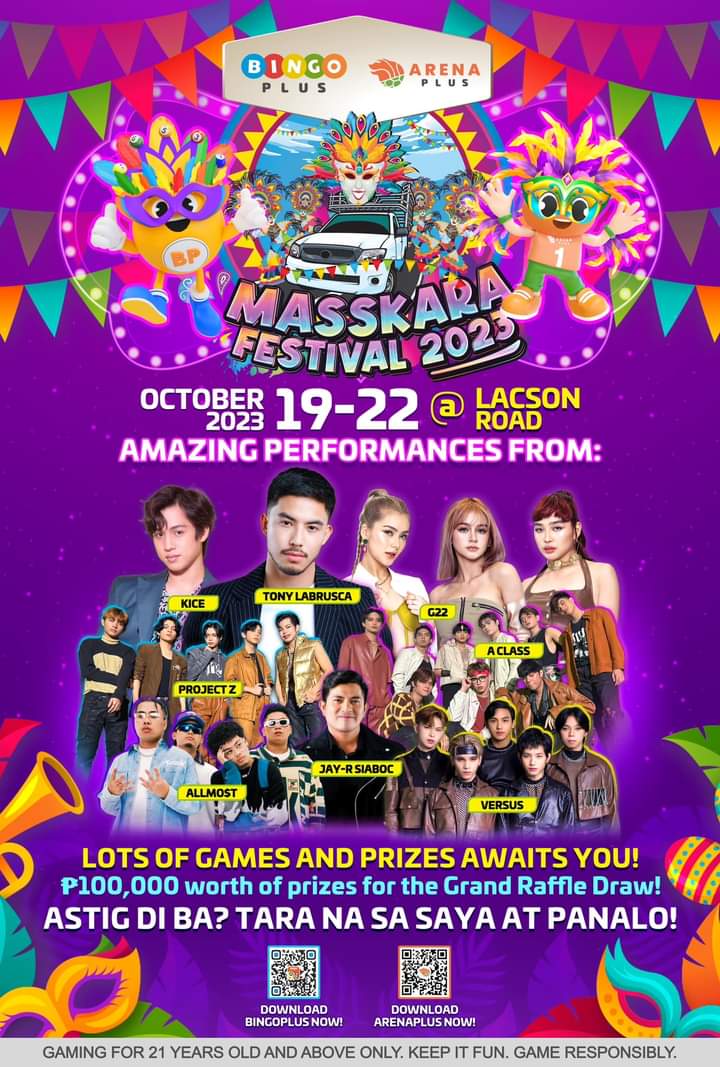 Let's celebrate the Masskara Festival together at Lacson Street from Oct. 19-22. Be enchanted and thrilled by the performances of our invited celebrities!  the prizes can't be lost! See you here, BingoPlus friends! 
#MassKaraFestival2023 #BingoPlus #BPxMassKaraFes
<a href="/tonythesharky/">Tony Labrusca</a>