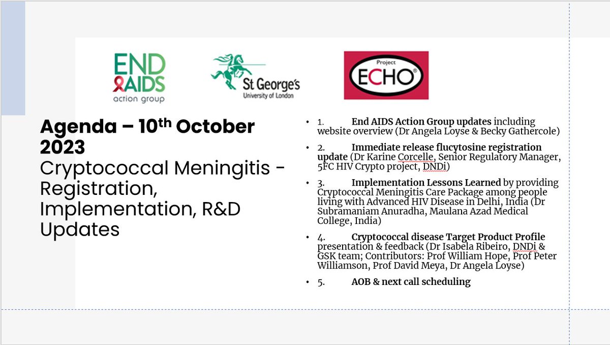 endaidsaction's tweet photo. Great webinar from End AIDS Action Group on cryptococcal meningitis this week. Many thanks to our presenters, including @APTlivuni, @AngelaLoyse, @BeckyGathercole, Prof Anuradha (@CHAI_health), Prof Williamson (@NIH), @dmeya, Drs Corcelle &amp; Ribeiro (@DNDi) &amp; @GSK. https://t.co/8aBFQmDimn
