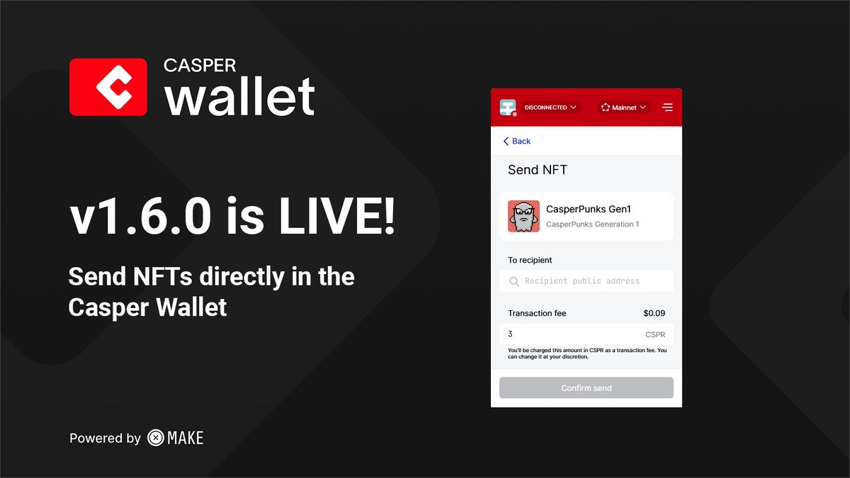 casper_wallet's tweet photo. 🚀 Casper Wallet 1.6.0 is out! 🚀

✨ You can now send NFTs directly inside the Casper Wallet!

We have also Enhanced the UI for a cleaner main view and added various bug fixes to smoothen your use of the Casper Wallet 🖌 

Join our Telegram group ⤵️

https://t.co/FNv3jvVAR7 https://t.co/3ATZuJNT8p