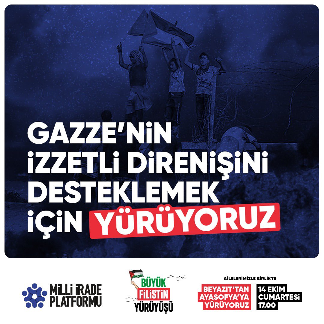 Gazze’nin izzetli direnişini desteklemek için yürüyoruz!

📍 BÜYÜK FİLİSTİN YÜRÜYÜŞÜ

🗓 14 Ekim Cumartesi
🕔 17:00

#AksaTufanı
#BüyükFilistinYürüyüşü
#ÖzgürKudüs