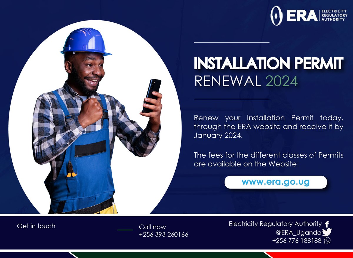 ERA_Uganda's tweet photo. #BeCertified

Pay your annual fees and renew your Installation Permit conveniently via this link: https://t.co/OoiFmxMLB3 https://t.co/r8uaF6ODE7