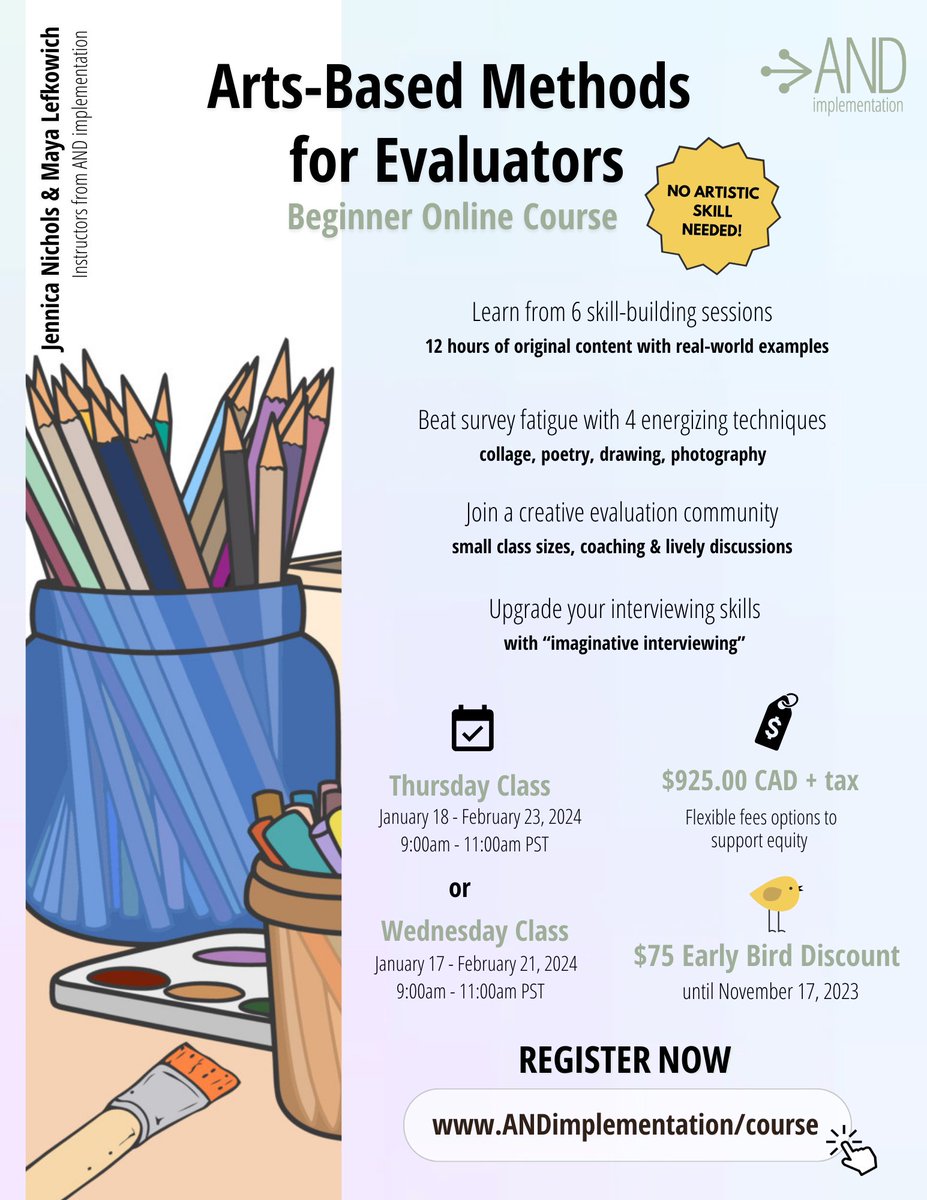 and_implement's tweet image. No one wants to participate in more surveys and Zoom interviews! Add 4 creative tools to your #evaluation toolbox with this beginner #arts-based methods course for evaluators. No artistic skill required. #Eval2023