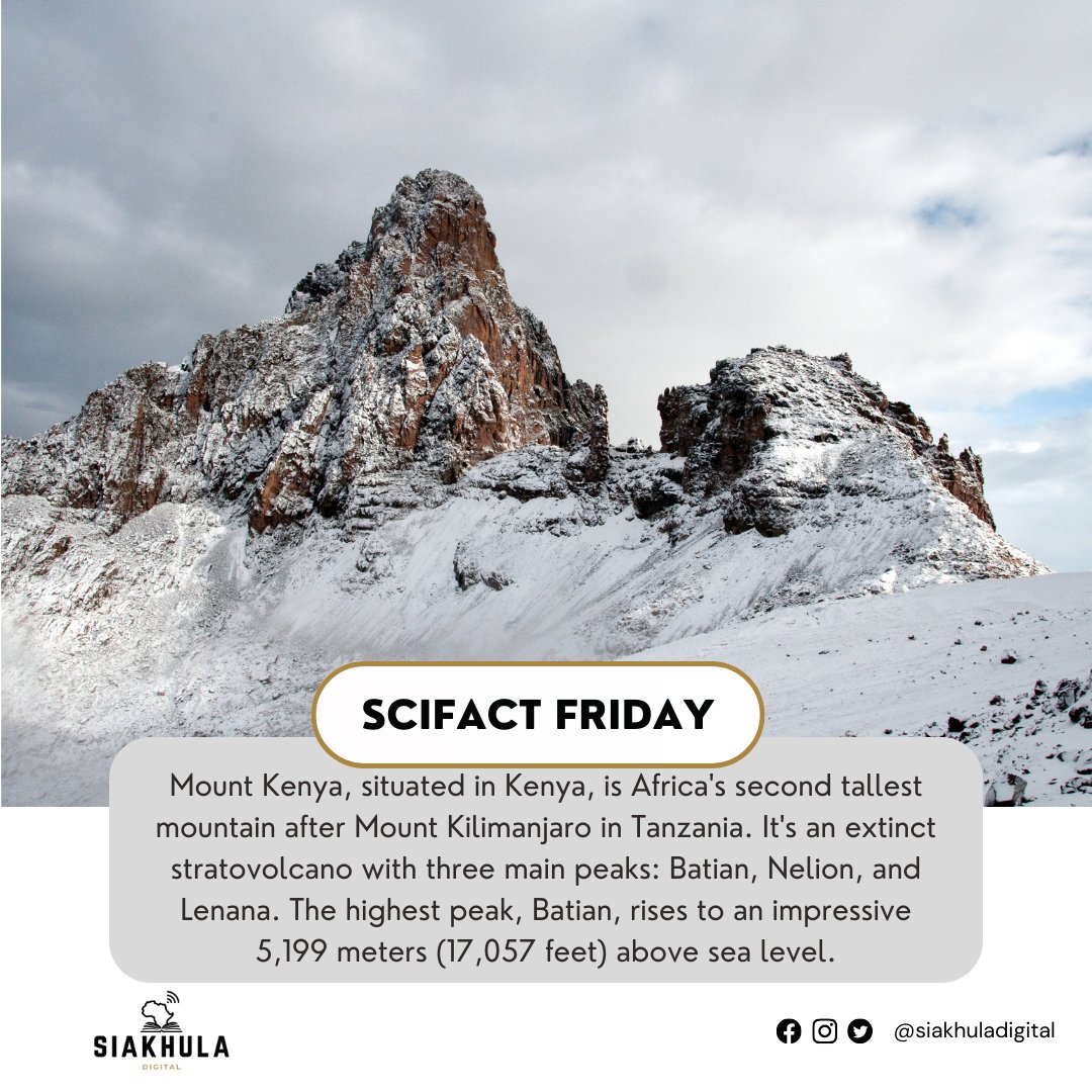 Did you know Mount Kenya is Africa's second tallest mountain? 🌍 Explore its rugged terrain, glacial beauty, and diverse wildlife. A UNESCO World Heritage Site, it's a must-visit for adventurers and nature lovers. 🇰🇪 #MountKenya #SciFactFriday