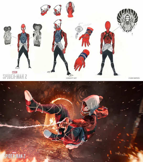 スパイダーマン2のピーター・パーカーのコスチュームデザインをさせて頂きました!日本の祭りをイメージしました。攻めすぎたかなと思ったけどCGになると凄くかっこよくて感激です。気に入っていただけると嬉しいです🕷️#SpiderMan2PS5