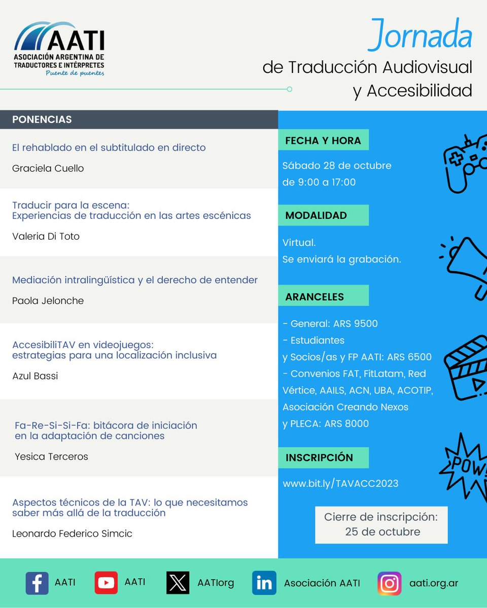 ¡Últimas semanas!

Este 28 de octubre queremos invitarlos/as a una serie de charlas sobre temas en auge dentro de la traducción audiovisual y la accesibilidad. 

Más info e inscripción: bit.ly/TAVACC2023

Informes: charlas@aati.org.ar