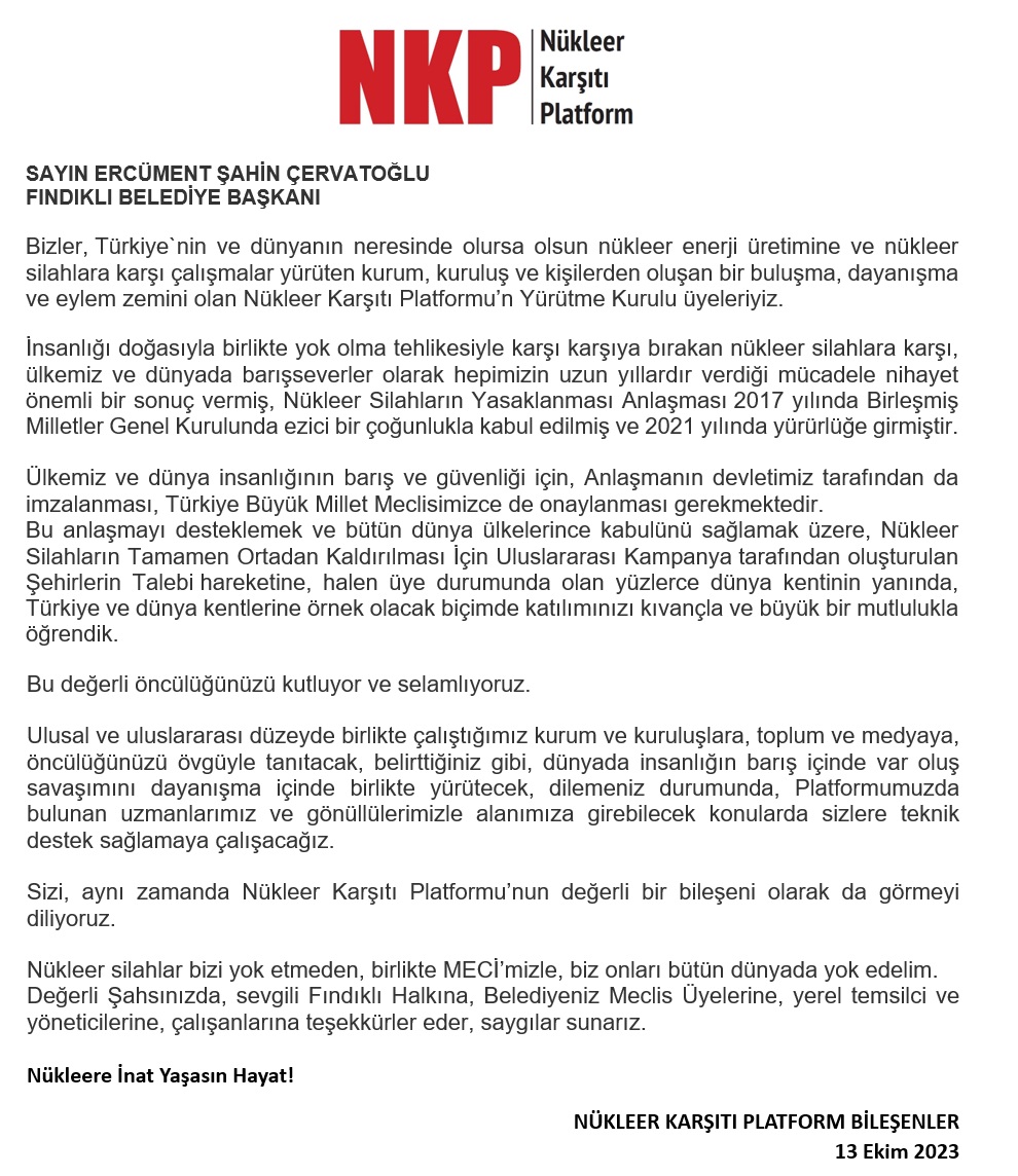 Nükleer Silahların Yasaklanması Anlaşması (TPNW) için Şehirlerin Talebi (ICAN Cities Appeal) hareketine katılıma duyarlılığı gösteren @findiklibel tebrik ediyoruz. Nükleer silahlar bizi yok etmeden, birlikte MECİ`mizle, biz onları bütün dünyada yok edelim nkp.org.tr/nkpden-findikl…