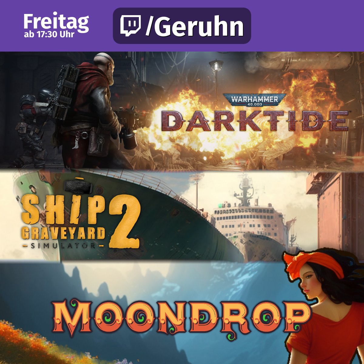 bemusterte Werbung
In einer halben Stunde beginnen wir den heutigen Stream mit Darktide, Ship Graveyard Simulator 2 und Moondrop! Bei Darktide spielt und streamt <a href="/RealCoachDuke/">Coach Duke</a> wieder mit!
twitch.tv/Geruhn