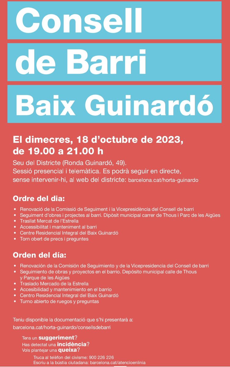 Dimecres 18 d'octubre, #Conselldebarri del #BaixGuinardó a la seu del Districte.
19:00h
<a href="/bcn_hg/">Horta-Guinardó</a> <a href="/bcn_ajuntament/">Ajuntament de Barcelona</a>