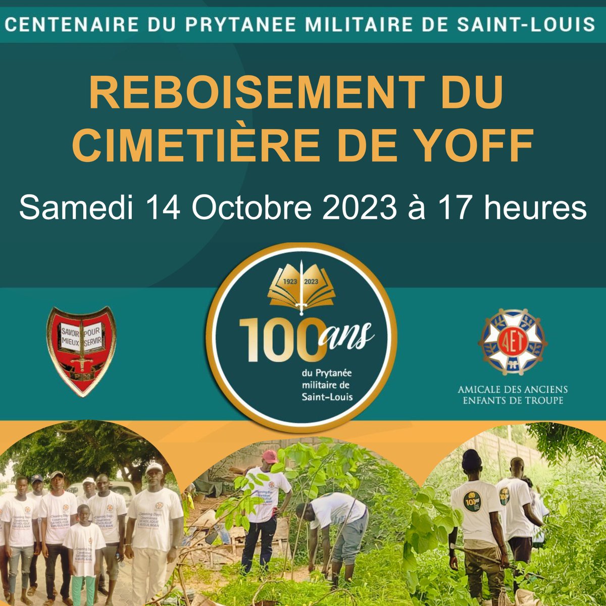 Chers Camarades,
Nous vous annonçons une opération de reboisement le Samedi 14 octobre à 17 heures au Cimetière de Yoff, après celle effectuée au Cimetière de Saint-Lazare le 17 Septembre passé, et le nettoyage du Cimetière de Marmiyal à Saint-Louis en Février 2023.