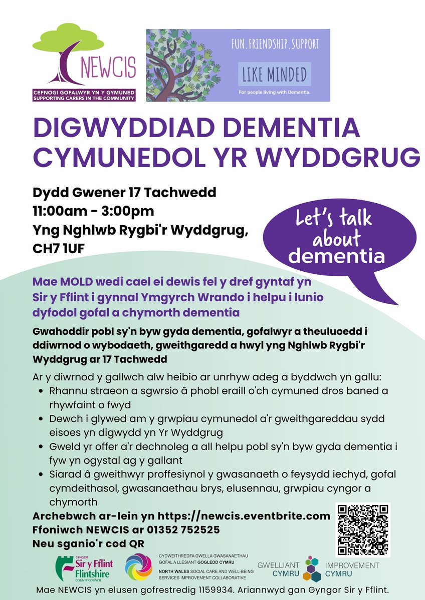 NEWCIS (@newciscc) on Twitter photo Mold Community Dementia Event - <a href="/FlintshireCC/">Flintshire Council</a>
People living with dementia, carers and families are invited to a day of information, activity and fun!
17th Nov-11:00am-3:00pm-Mold Rugby Club, CH7 1UF
To book, visit our Eventbrite eventbrite.co.uk/e/mold-communiโฆ, or call on 01352 752525 Mold Community Dementia Event - <a href="/FlintshireCC/">Flintshire Council</a>
People living with dementia, carers and families are invited to a day of information, activity and fun!
17th Nov-11:00am-3:00pm-Mold Rugby Club, CH7 1UF
To book, visit our Eventbrite eventbrite.co.uk/e/mold-communiโฆ, or call on 01352 752525