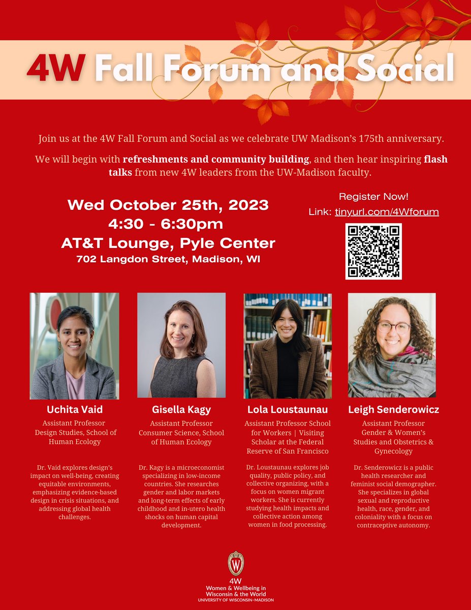 We are excited to share that the 4W Fall Forum and Social will be taking place on October 25th. Please join us to hear from four amazing scholars!