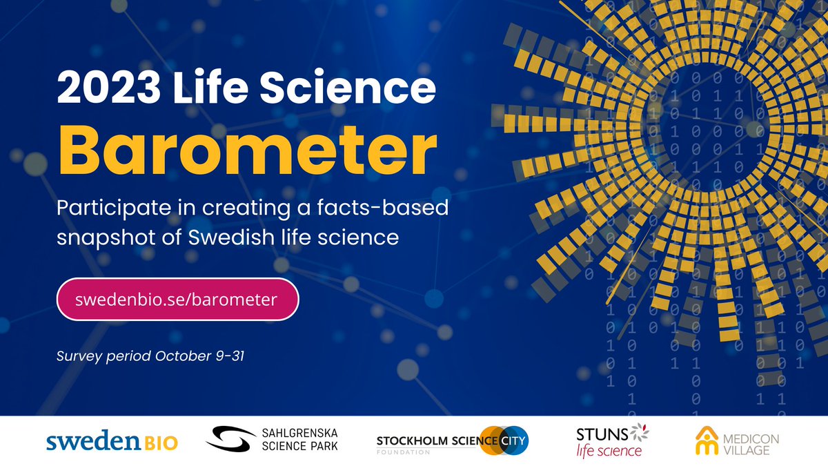 The Life Science Barometer 2023 survey is now open for submissions! 📝

Top management in companies within the #lifescience sector, as well as companies supporting the industry can participate.

Click here to go to survey: swedenbio.se/barometer/