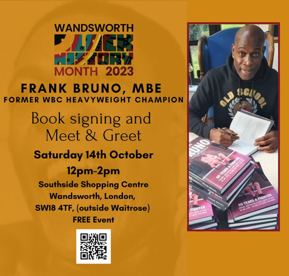 Don’t forget all roads lead to @SouthsideSW18 Shopping Centre tomorrow to meet local hero @frankbrunoboxer. 

Afterwards visit the Wandsworth Pop Up Market for food, drink, crafts, skincare and more!

#BHM23