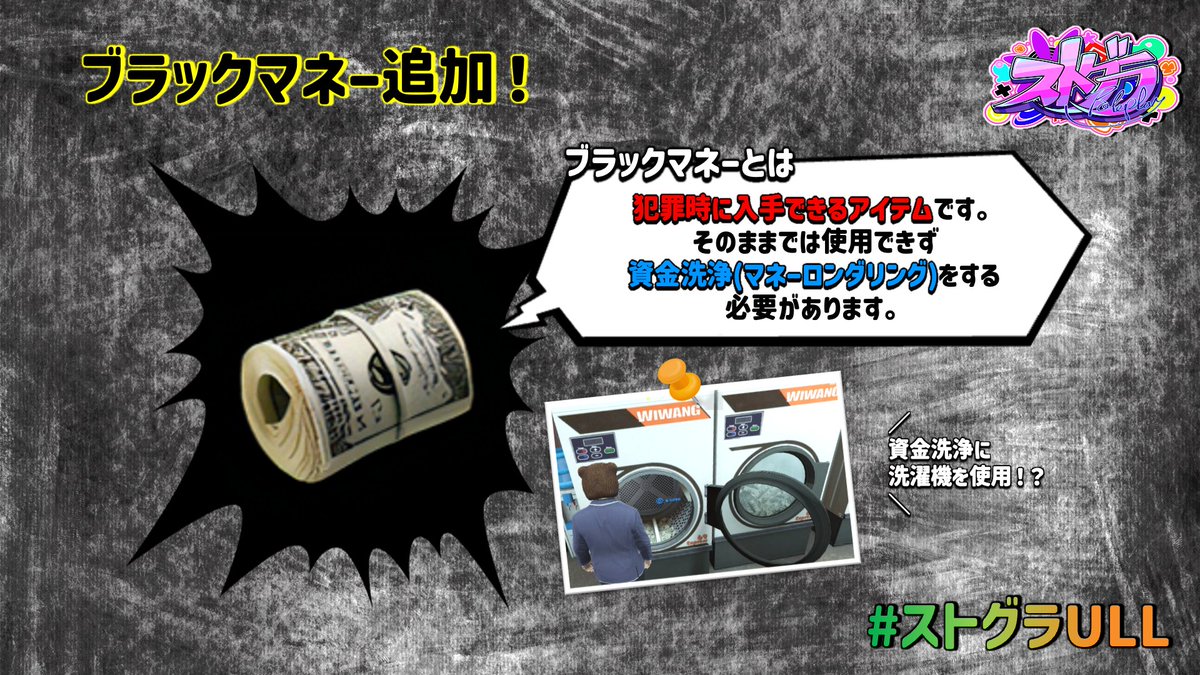 ストグラULL アプデ情報】 ⚠️ブラックマネー追加⚠️ 💰ブラックマネーとは： 犯罪時に入手できるアイテム！ 資金洗浄(マネーロンダリング)が必須です🌀  配信場所：https://t.co/CarkAV3Wqt #ストグラ
