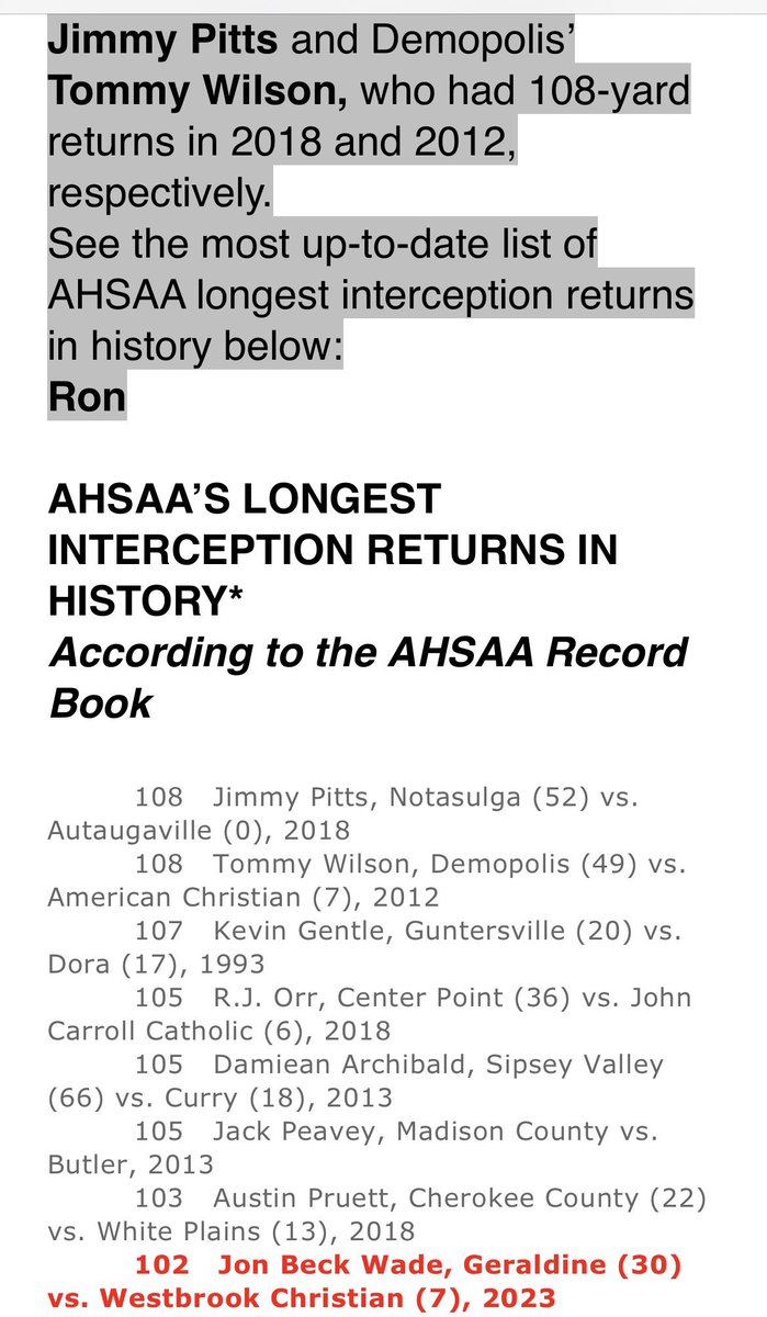 One for the record book! 📖 

2028 <a href="/Jon_Beck_Wade/">Jon Beck Wade</a> racks up 3 Int and takes one back for a 102 Yd TD for Geraldine. The 8th grader joins the <a href="/AHSAAUpdates/">AHSAA</a> at #8 with the longest int return in Alabama High School football history 😳✍🏾📈