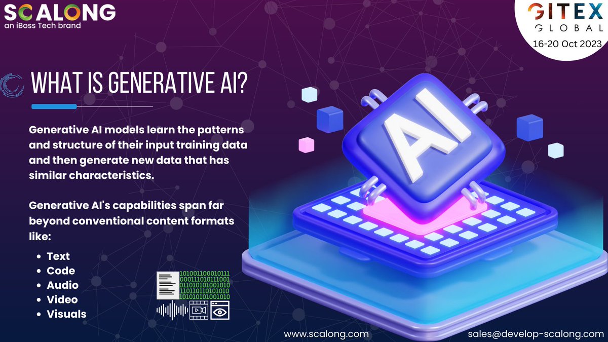 Scalongpltd's tweet photo. Curious about Generative AI? It's the future of automating workflows! Discover more at GITEX 2023. Only 2 days left! Meet us at Booth H10-2. 
Check out our AI services - https://t.co/Hq3mN8oGc2
#ai #innovation  #GITEXGLOBAL2023 #GITEXGLOBAL #dubai https://t.co/YatcgMegNB
