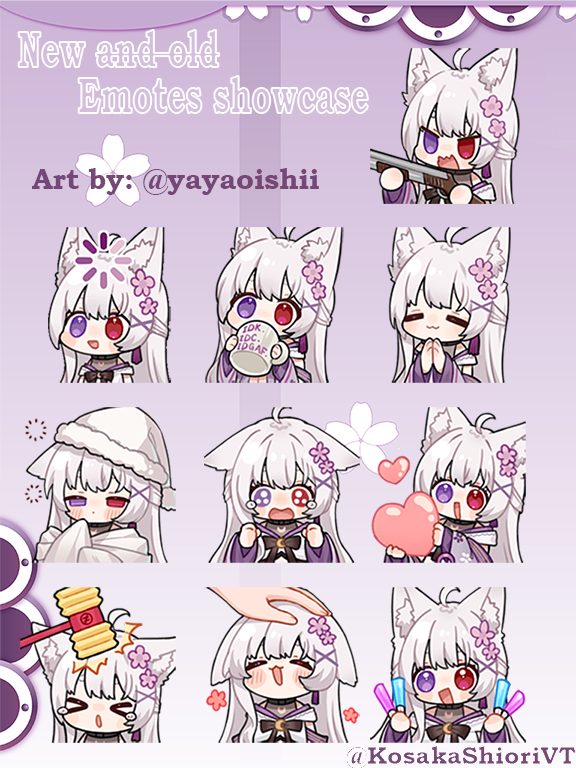 KosakaShioriVT's tweet photo. My twitch emotes are finally done, so I made a showcase for all of my emotes! Thank you mama for thhese adorable emotes
@yayaoishii

 #VtubersUprising https://t.co/VPlWblT13v