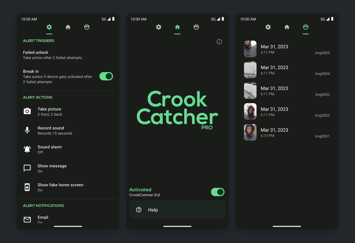 CrookCatcherApp's tweet photo. CrookCatcher for android offers plenty of settings to customize how and when it should guard your phone against thieves 🤟 https://t.co/F1pItshjvw