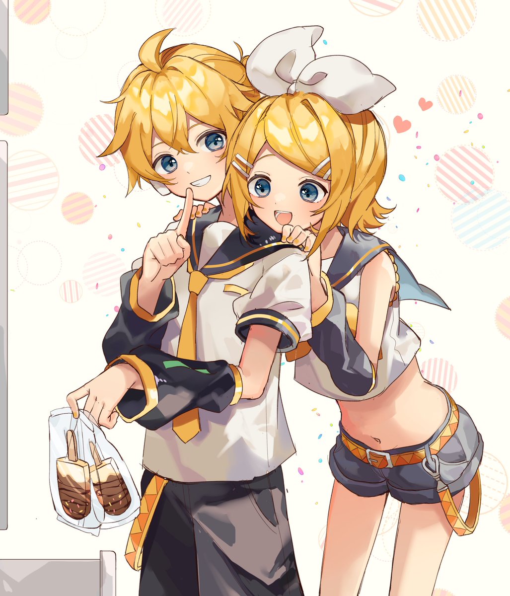 kagamine len ,kagamine rin 1girl 1boy blonde hair shorts sailor collar necktie shirt  illustration images