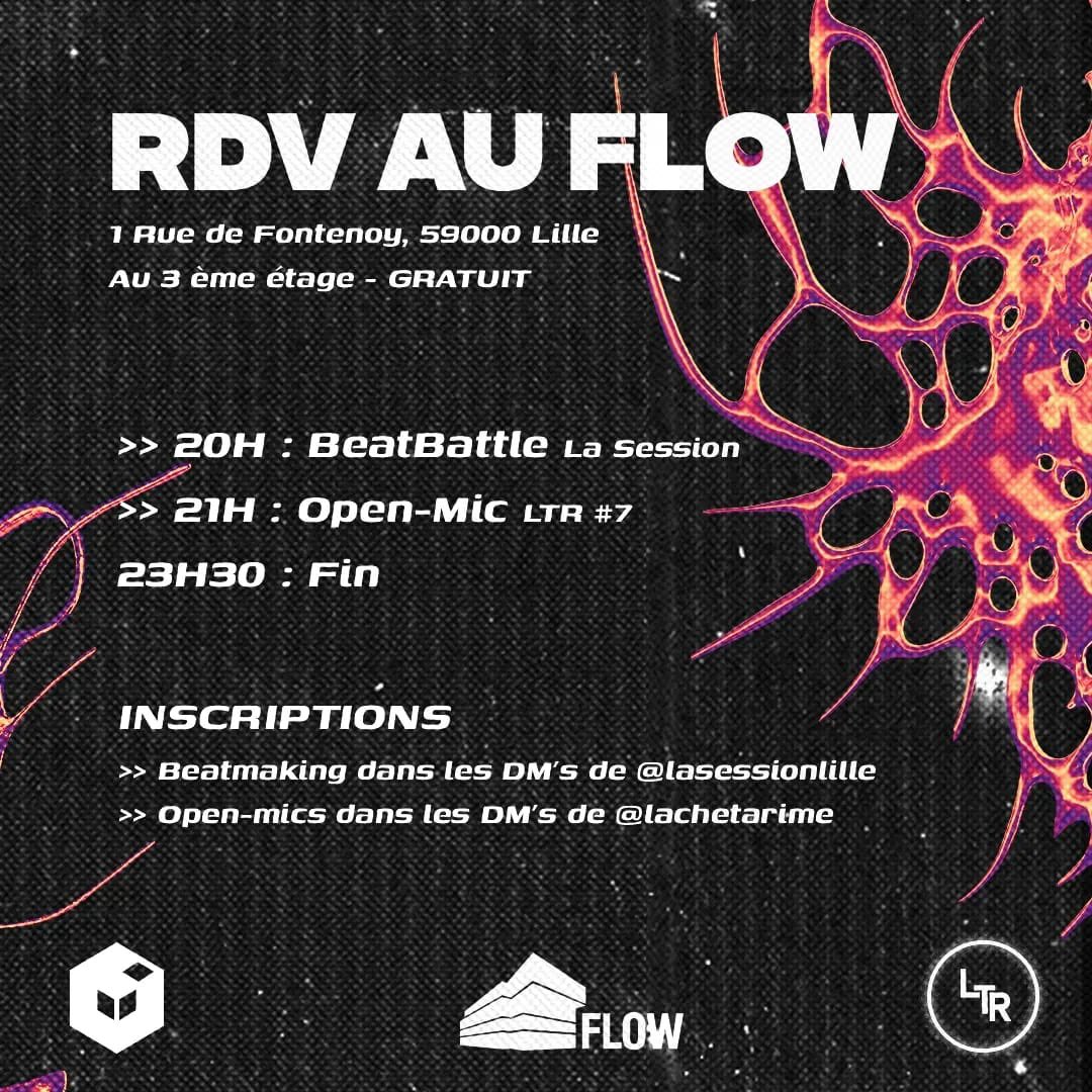 🔥LEZGO🔥

On vous présente notre première soirée Crossover !!
Une collab LacheTaRime x La Session en partenariat avec le <a href="/FlowLille/">Flow Lille</a> 

RDV le 31/10 au Flow pour une soirée 100% rap &amp; beatmaking 👻🎃

On a trop hâte !!

PS : les inscriptions à l’open mic débutent le 19/10 à midi
