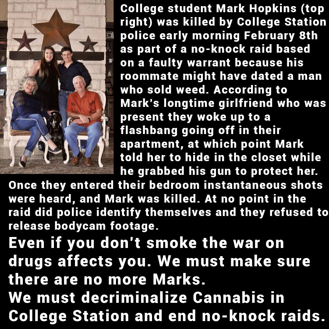 Here are the key points of the College Station Police raid which killed Mark Hopkins. His family deserves to know what happened to him and they deserve to see the body cam footage.