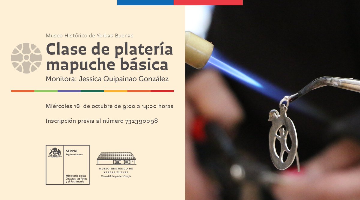 MusYerbasBuenas's tweet photo. Queremos invitar a toda nuestra comunidad yerbabuenina a participar del taller de platería mapuche que se realizará este  miércoles 18 de octubre desde las 09:00 a 14:00 horas, en las dependencias de nuestro Museo.
Inscripción e información llamando al 732390098 (sólo 10 cupos) https://t.co/jhzN7EL5oc