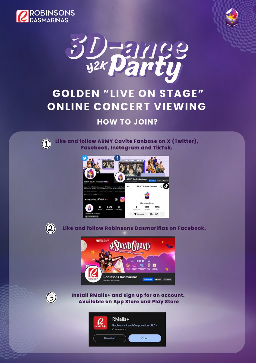 army_cavite's tweet photo. Dress up in Y2K retro fashion and let's party in 3D! ✨

You are cordially invited to attend ARMY Cavite Fanbase's gathering and enjoy Jungkook's GOLDEN "Live On Stage" concert at Robinsons Dasmariñas! 💜

🗓️Nov 20, 2023 
Pre-concert event: 4PM-6PM
Concert time:
7PM-onwards

⏬ https://t.co/6p8EsKqmWH