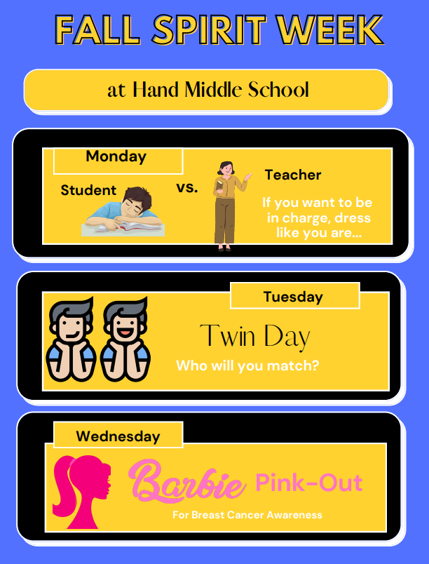 We will celebrate SPIRIT WEEK next week!  See the attached flyer for details.  As a reminder, there is no school for students on Thursday Oct 19 and Friday Oct 20.