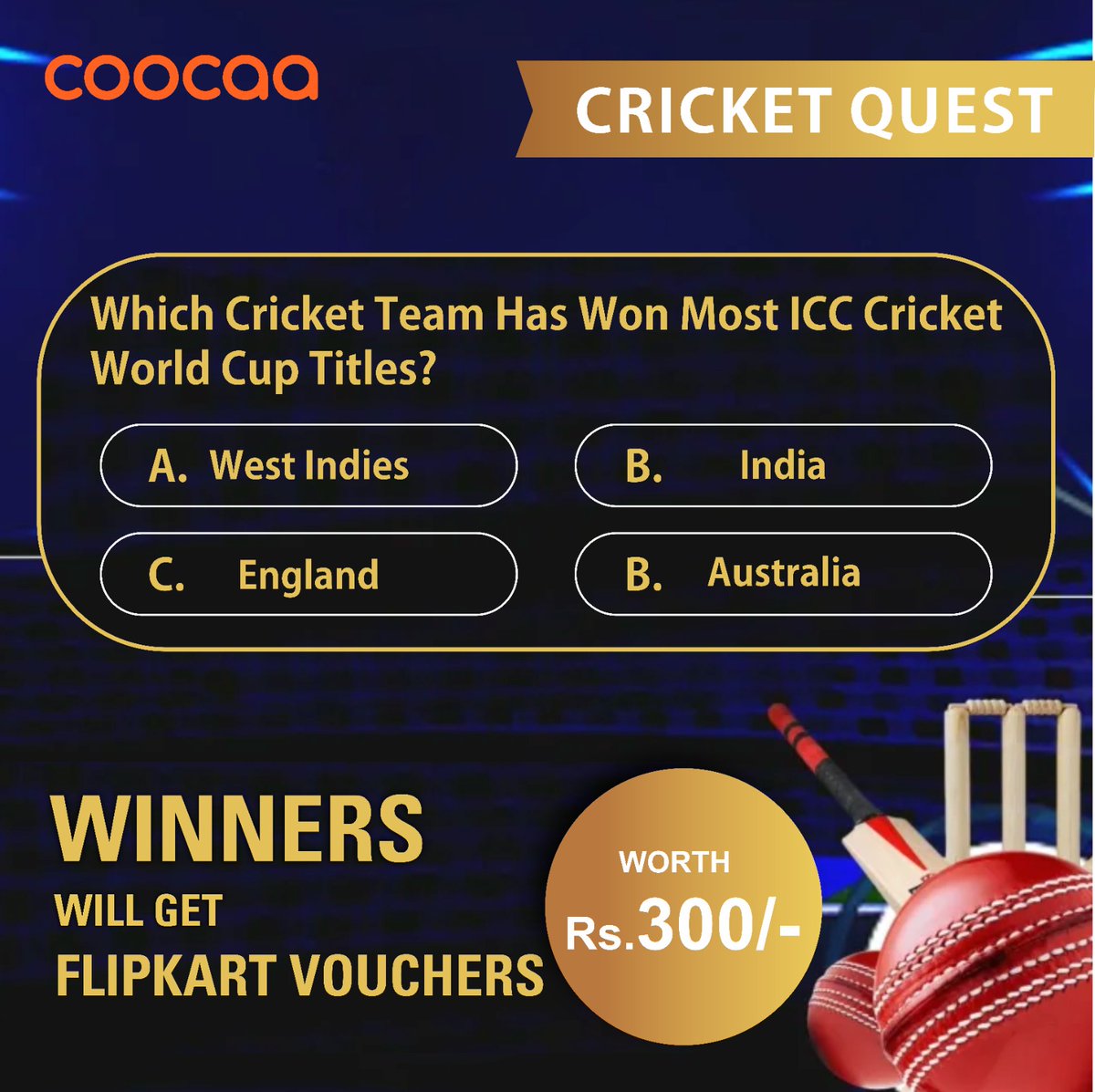 #ContestAlert Participate and stand a chance to win #FlipkartVouchers But don't forget to watch Ind vs Pak LIVE on Coocaa TV!! #CricketTrivia #Question3🤓