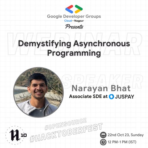 🚀 Upcoming #GDGCN Webinar: Demystifying Asynchronous Programming!
📅 22nd Oct, 12-1pm
👨‍💻 Speaker: Narayan Bhat, Juspay
🎓 Dive deep into async/await, promises &amp; more.

🔗 Registration Link: lnkd.in/dC9UsJuc

Join us &amp; uplift your #CodingSkills! #Hacktoberfest #TechForGood