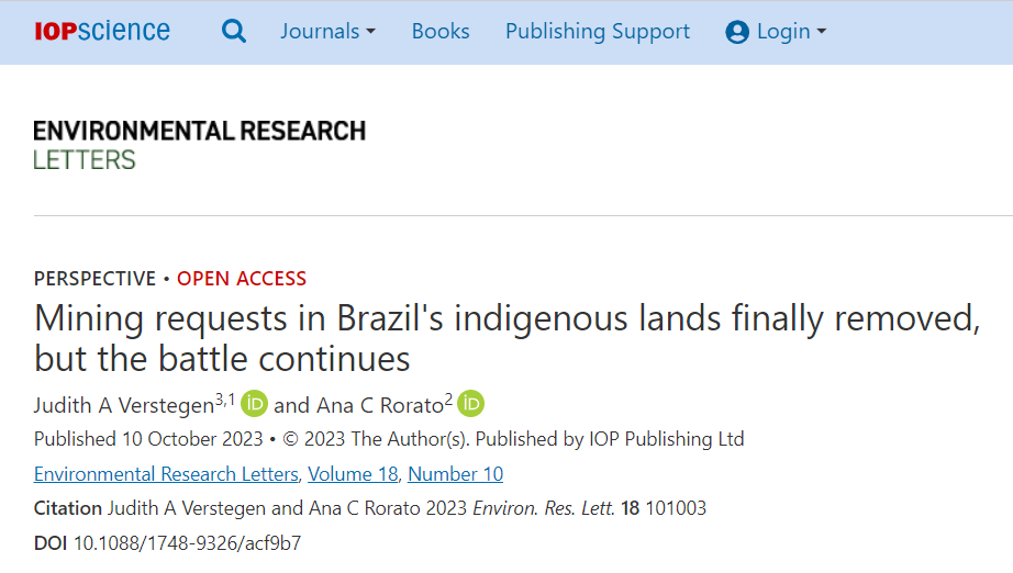 Mining requests in Brazil’s indigenous lands finally removed, but the battle continues 
doi.org/10.1088/1748-9… via <a href="/IOPenvironment/">IOP Environment</a> 
#MarcoTemporalNÃO #DemarcaçãoJá #VetaTudoLulaPL2903