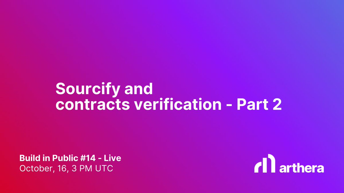 artherachain's tweet photo. In Part 2 of our exploration into #Sourcify and #ContractVerification, we dive deeper into the practical aspects of this essential process. Join @bjuglas , Integration Engineer at #Arthera, and @julienbrg , DevRel at Arthera, as they unravel the complexities of verifying smart contracts.
We'll begin with an overview of the Sourcify PR, providing insights into how this vital tool streamlines the contract verification process. A live demonstration will follow, showcasing our deployment of Docker and how it functions in action. Through a real-world example, we'll test the verification process with one contract, demonstrating its importance in the blockchain ecosystem.
Discover why contract verification is crucial for almost every blockchain project. By the end of this session, you'll have a comprehensive understanding of the tools and processes at your disposal to ensure the security and reliability of smart contracts.
Join us on October 16, 2023, at 15:00 pm UTC for this insightful #BuildinPublic session.
Don't miss this opportunity to enhance your knowledge and skills in the world of blockchain contract verification.
See you there!
#dontbelate