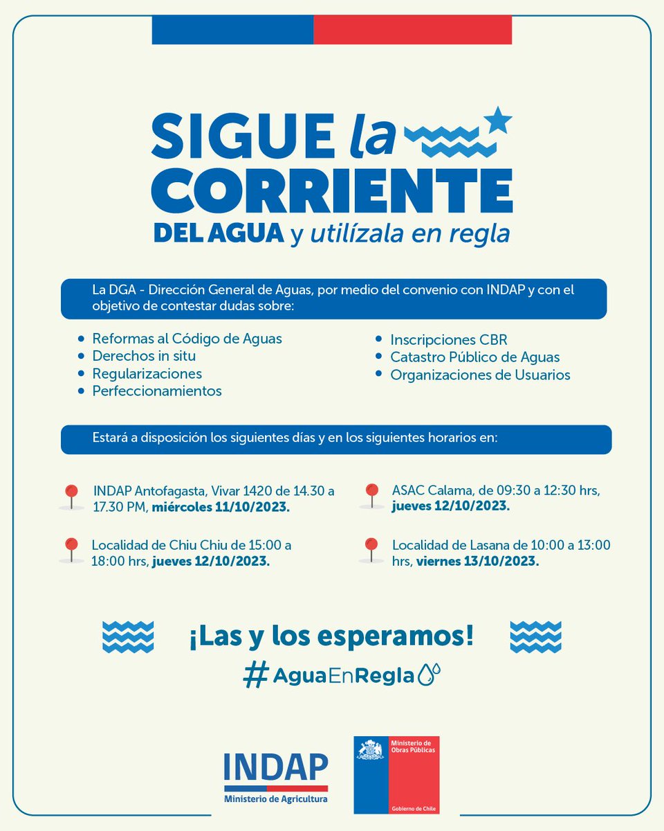 ℹ️Hoy viernes la Dirección General de Aguas DGA en localidad de Lasana.
 ⌚️De 10:00 a 13:00 horas.
Para atender consultas y dudas. 💧👩🏼‍🌾