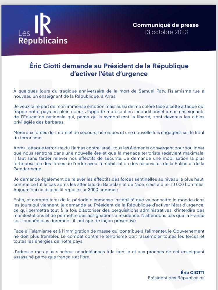InfosFrancaises's tweet photo. ATTENTAT À #ARRAS : Les Républicains demandent à Macron "d'activer l'état d'urgence" (communiqué). https://t.co/Vn8Of6S1RM