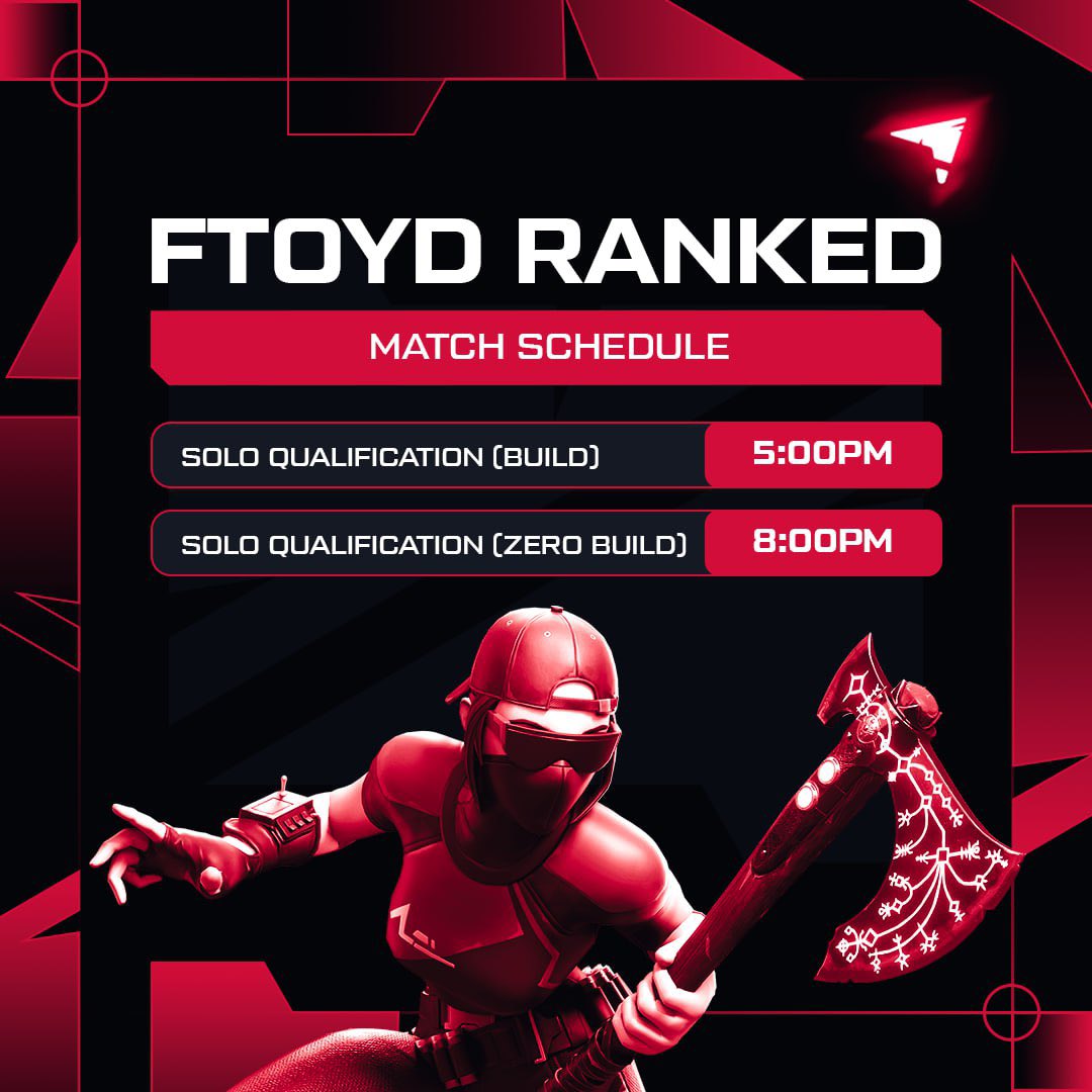 FTOYD Arena  Fortnite on X: 🔥 FTOYD RANKED - Today's Match Schedule! 🔥  ⚒ 5:00pm - Solo Qualification (Build). Will you become a building master?  🔴 8:00pm - Solo Qualification (Zero
