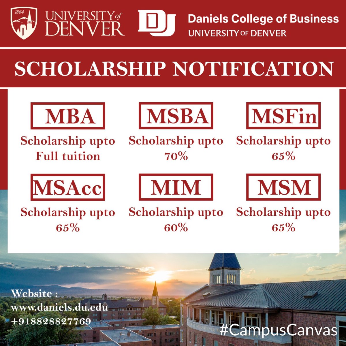The University of Denver is a private research university in Denver, Colorado. Classified among 'R1: Doctoral Universities, Daniels College of Business offers STEM-designated Masters in Finance, Accounting, Business Analytics, Marketing, Management, MBA etc. #CampusCanvas