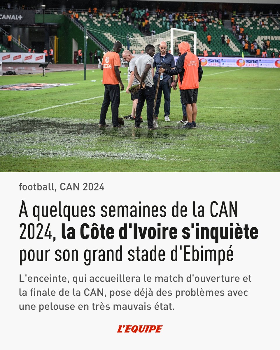 lequipe's tweet photo. Le grand stade d'Ebimpé, qui accueillera le match d'ouverture et la finale de la CAN, pose déjà des problèmes avec une pelouse en très mauvais état. À la Confédération africaine de football, on s'inquiète sans le dire. https://t.co/eoqRFCskw2 https://t.co/PfYpHsOrNU