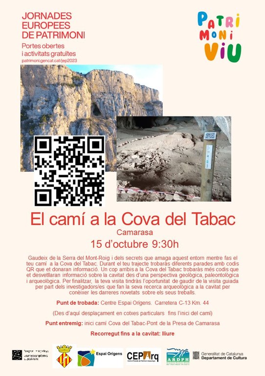 Aquest cap de setmana són les #JEP2023 i conjuntament amb l'Ajuntament de Camarasa us oferim la possibilitat de fer el 'El camí a la Cova del Tabac' el dia 15 d'octubre a les 9:30h. Us esperem a tots/es!