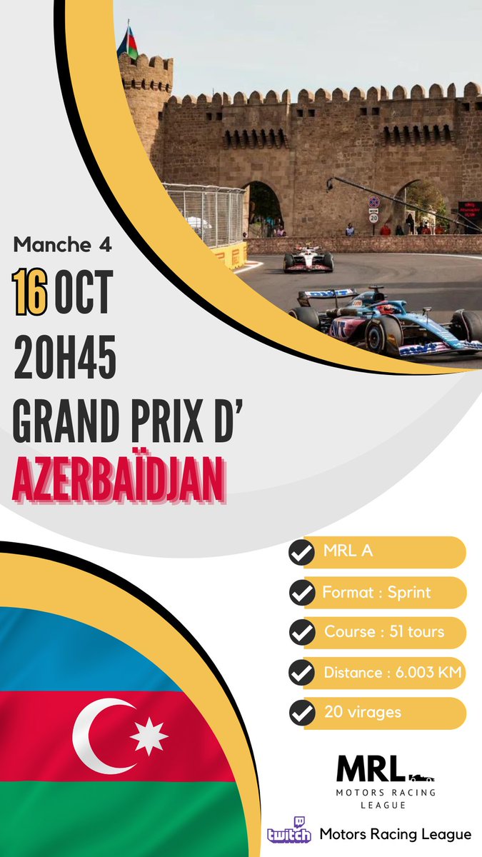MRL_Off_'s tweet photo. 🇦🇿Grand-Prix d Azerbaïdjan 🇦🇿

🟡 MRL  A | Manche 4
🗓  Lundi 16 octobre 2023
⏰ 20h45
📍 Baku, Azerbaïdjan 

📺 https://t.co/pEDdoNXdnO… https://t.co/Xk6kg5sQAc