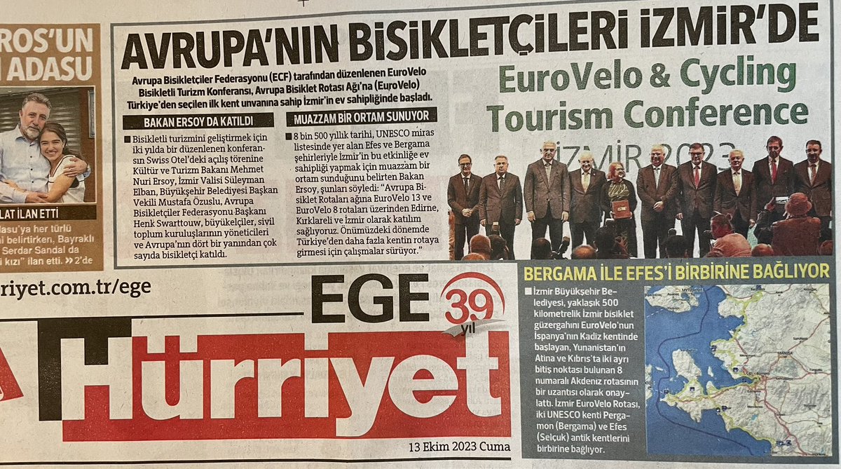 Happy to see coverage of the #EuroVelo &amp; Cycling Tourism Conference 🚲 in Izmir 🇹🇷 in <a href="/Hurriyet/">Hürriyet.com.tr</a> today. It‘s been such an amazing and inspiring event. Many kind thanks to <a href="/GoTurkiye/">Go Türkiye</a> and everyone involved in making it a huge success! 👏🙏🎉❤️😁🚲