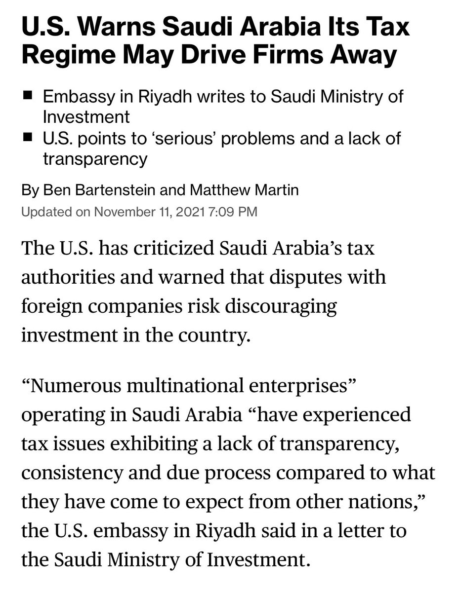 Bassam_A_Noor's tweet image. شوفوا حركات بلومبرغ 😁

أكتوبر ٢٠٢١: تنقل خبرا أن أوبر وكريم تحت ضغط شديد من هيئة الزكاة لدفع ضرائب مستحقة. وكتبت مطولا عن ضريبة القيمة المضافة وتأثيرها على الشركات 

نوفمبر ٢٠٢١: السفارة الأمريكية في الرياض ترسل خطابا إلى وزارة الاستثمار في السعودية تحذر فيها أن سياسة المملكة…