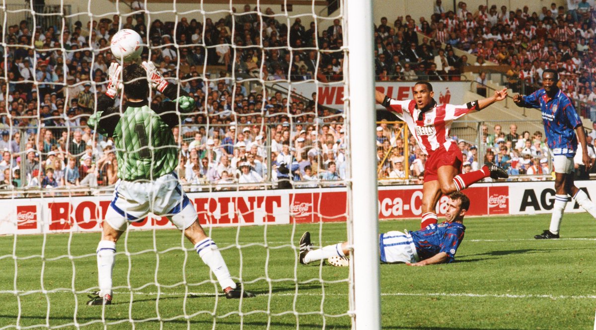 paul_brad1's tweet photo. It was Important not to miss this shot and also one of my favourite pictures as Mark Stein scores the only goal at Wembley against Stockport County to lift the Autoglass Trophy in 1992 #stokecityfc #football #wembley #photography #sportsphotography #victoriaground https://t.co/fWEQXqAE1k
