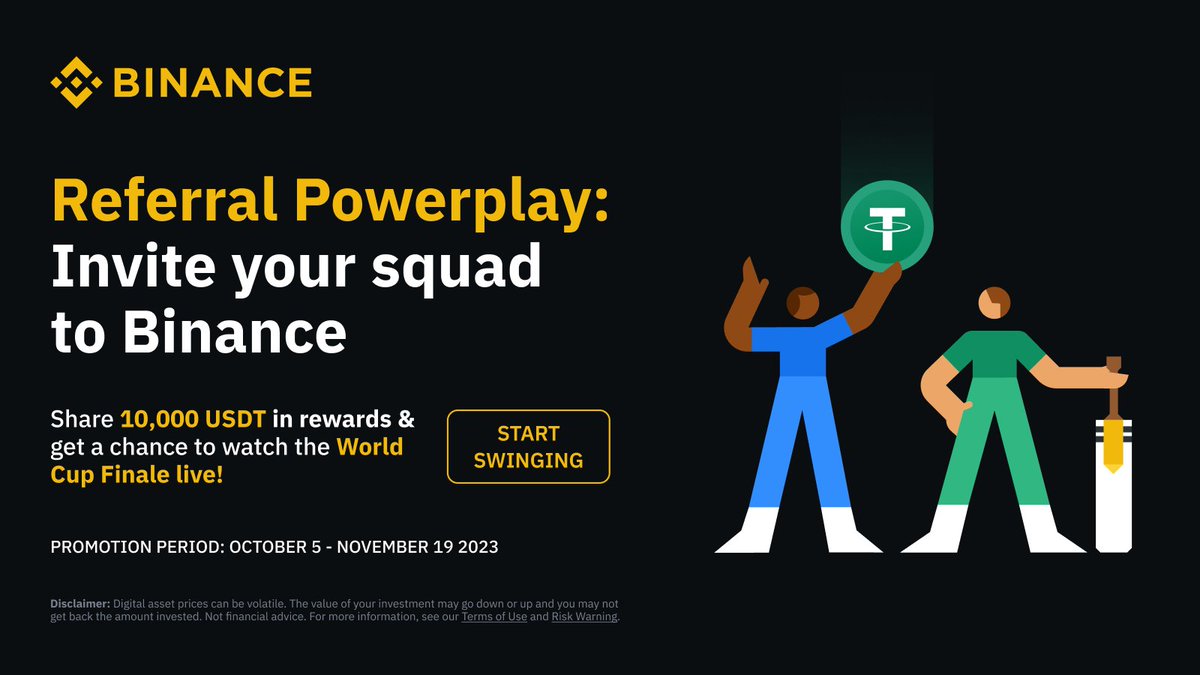 This cricket season, convert your friendship into a winning partnership with Referral Powerplay. 🏏

Invite your squad to #Binance to share 10,000 USDT in rewards and a chance to watch the #CWC2023 finale live!

Start swinging ➡️ app.binance.com/en-IN/activity…