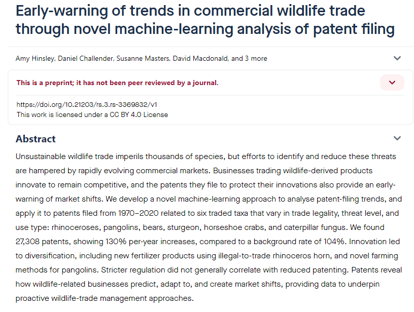 @newscientist piece on latest research 'Early-warning of trends in commercial wildlife trade through novel machine-learning analysis of patent filing' led by @orchiddelirium & @josswright. Currently in review. institutions.newscientist.com/article/239726… w. @EJMilnerGulland.