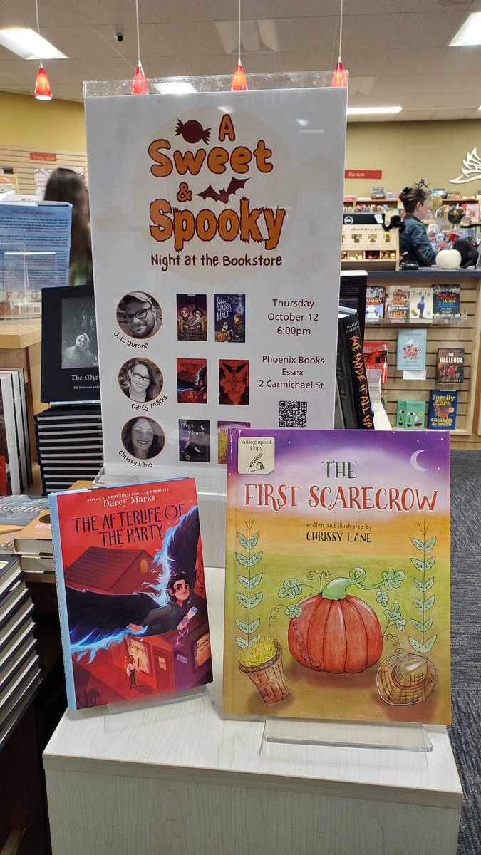 Thanks so much @PhoenixBooksVT for a fabulous Sweet & Spooky Night at the bookstore! So many cute kids trick-or-treating around the store, & a lovely night put on by the best booksellers around! It was great to meet my fellow authors @jldurona and Chrissy Lane in person! 🎃