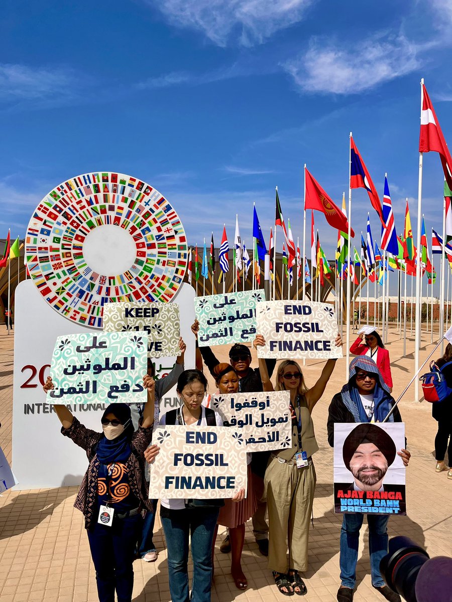 Our team and partners attending the Annual Meetings of the @IMFNews and @WorldBank in Marrakech joined the @bigshiftglobal today to demand the two institutions stop funding fossil fuels. Power to the people.