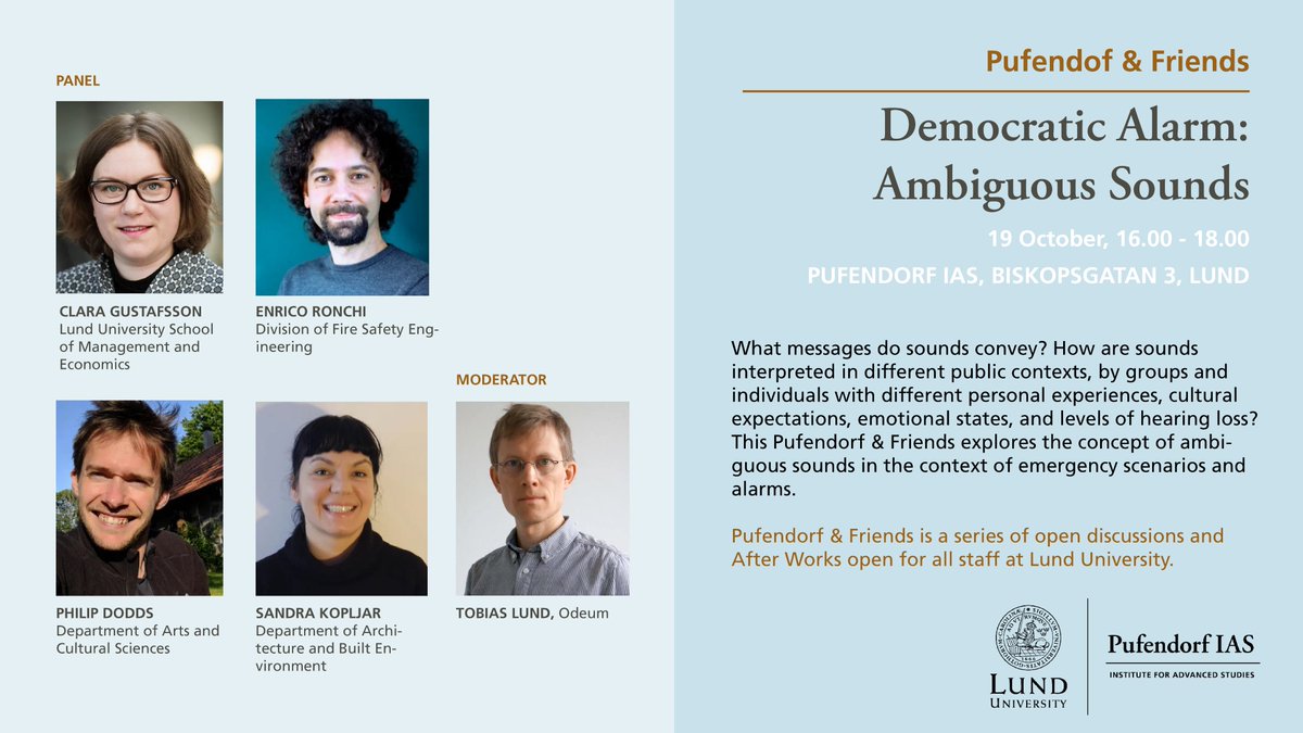 Missa inte nästa veckas after work och forskarsamtal på @PufendorfL @Lundsuni. Den 19 oktober kommer medlemmar från vårt Tema Sound of Democracy delta och prata om 'demokratiska alarm' och tvetydliga ljud. Välkomna! 🔗pi.lu.se/evenemang/pufe…