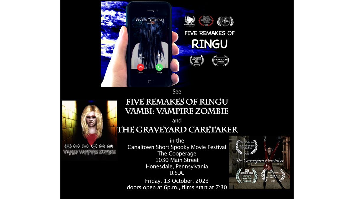 See 3 of my #comedy #horror #shortfilms in the Canaltown Short Spooky Movie Festival at @canaltown552 #TONIGHT (Friday, 13th October, 2023) #animation #SupportIndieFilm #WomenInFilm