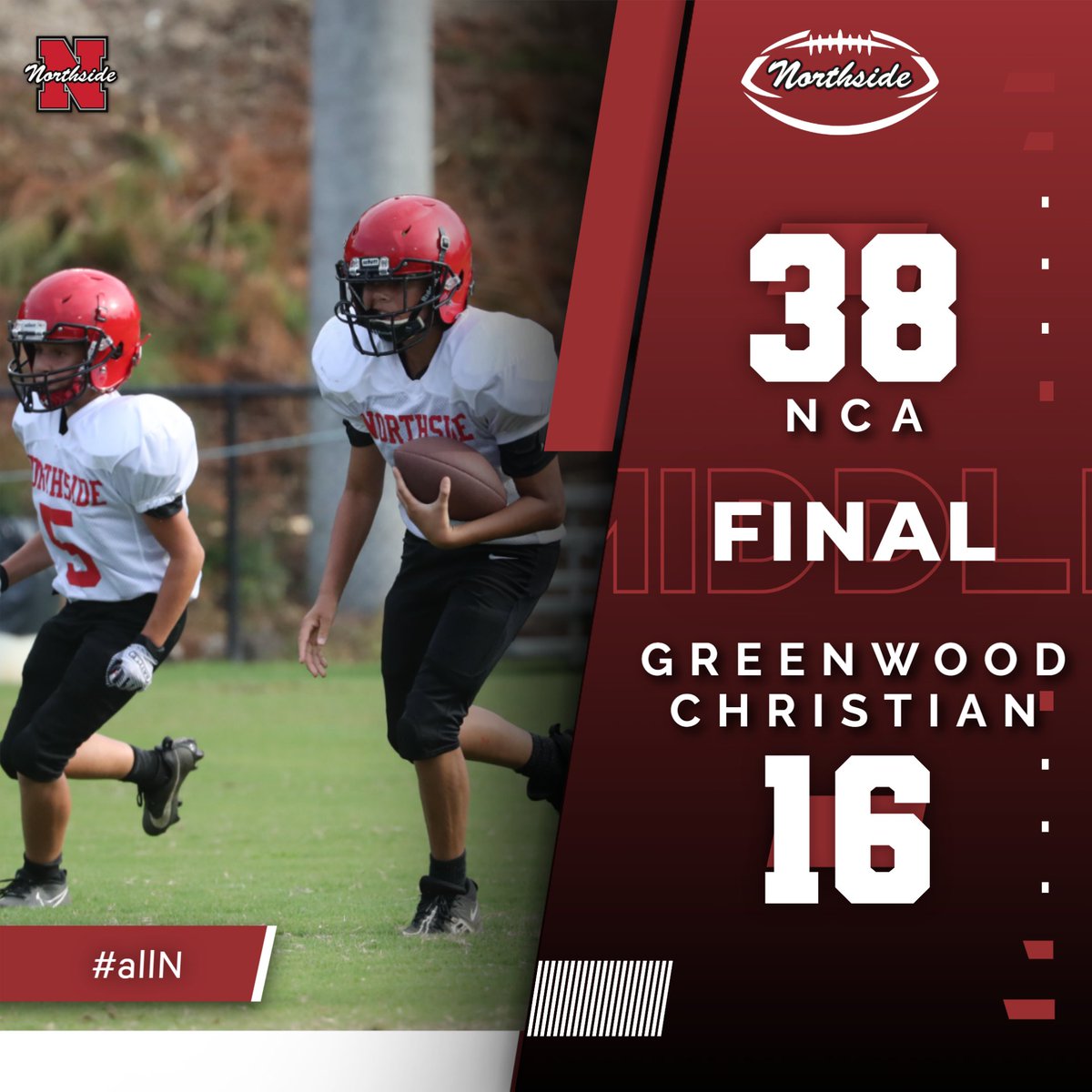 Great Win for Middle School Night!!! 38 - 16 against Greenwood Christian at home. Go Crusaders!!! #allN