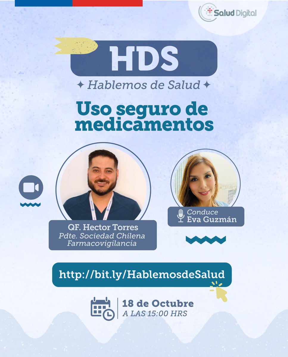 📌 Este miércoles 18 de octubre a las 15:00 horas, l@s invitamos a “Hablemos de Salud”. 

✨ En esta edición entregaremos recomendaciones para el uso seguro de los medicamentos junto al químico farmacéutico Héctor Torres. 

Únete y haz tus preguntas en 👇: bit.ly/HablemosdeSalud